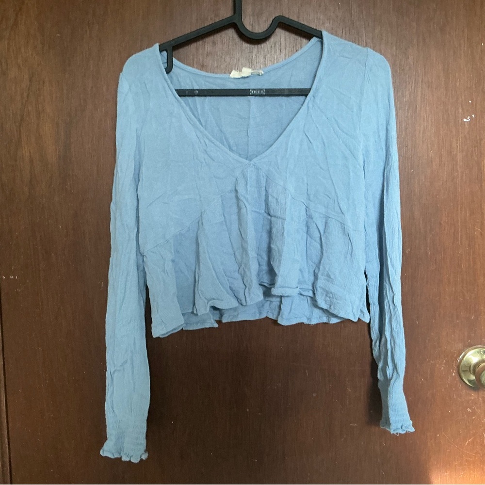 La Hearts Light Blue V-Neck Ruffle Blouse